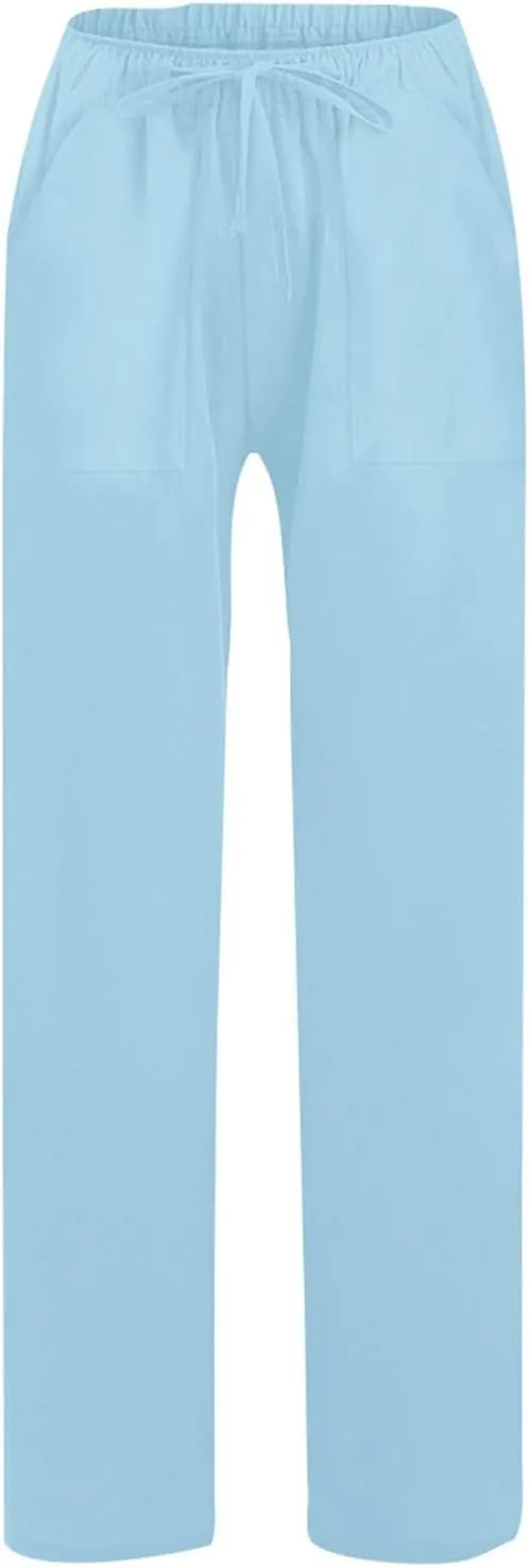 Wide Leg Linen Pants for Women Elastic Waist Summer Casual Solid Color Loose Fit Palazzo Trousers with Pockets
