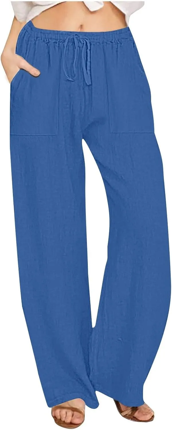 Wide Leg Linen Pants for Women Elastic Waist Summer Casual Solid Color Loose Fit Palazzo Trousers with Pockets