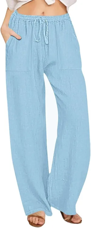 Wide Leg Linen Pants for Women Elastic Waist Summer Casual Solid Color Loose Fit Palazzo Trousers with Pockets
