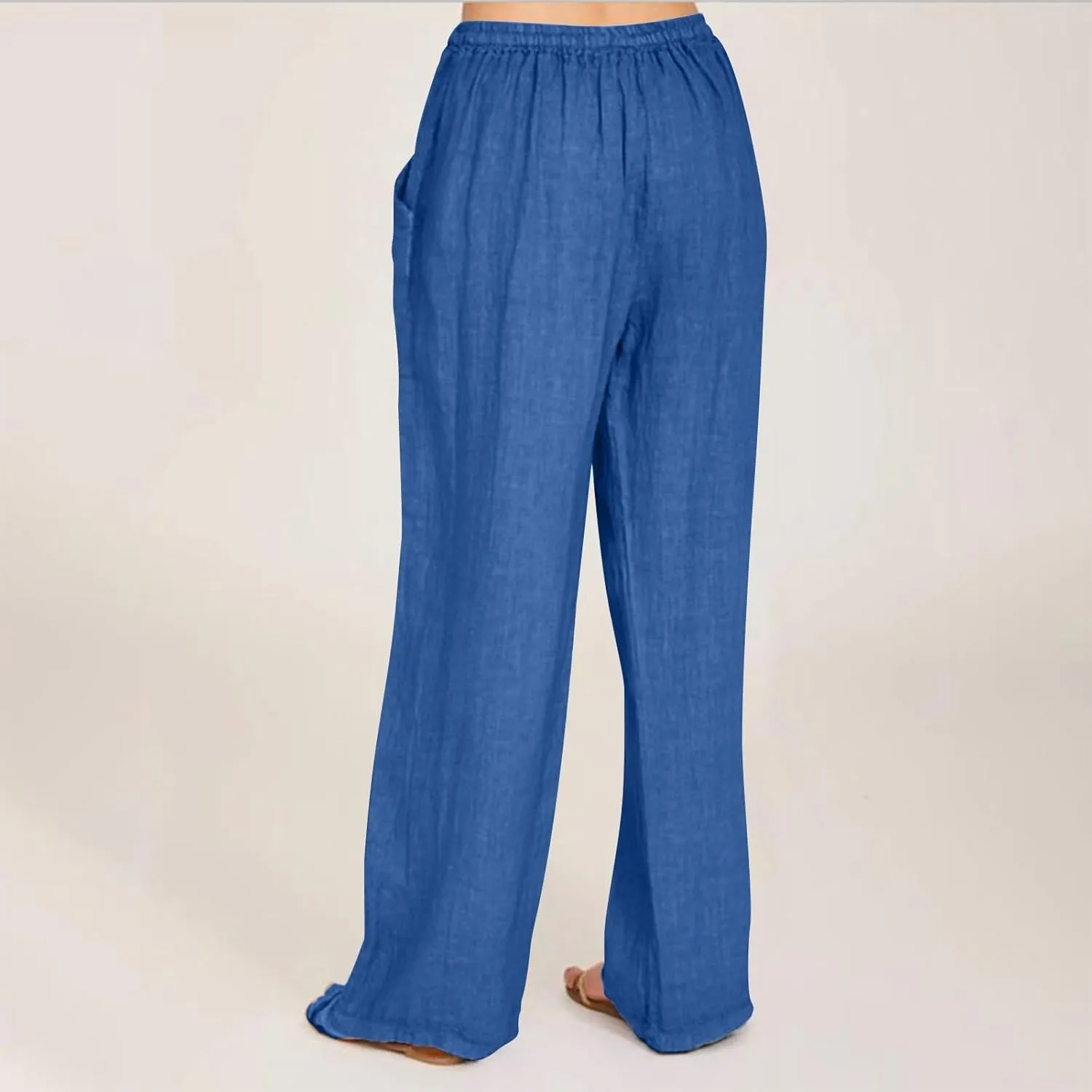 Wide Leg Linen Pants for Women Elastic Waist Summer Casual Solid Color Loose Fit Palazzo Trousers with Pockets