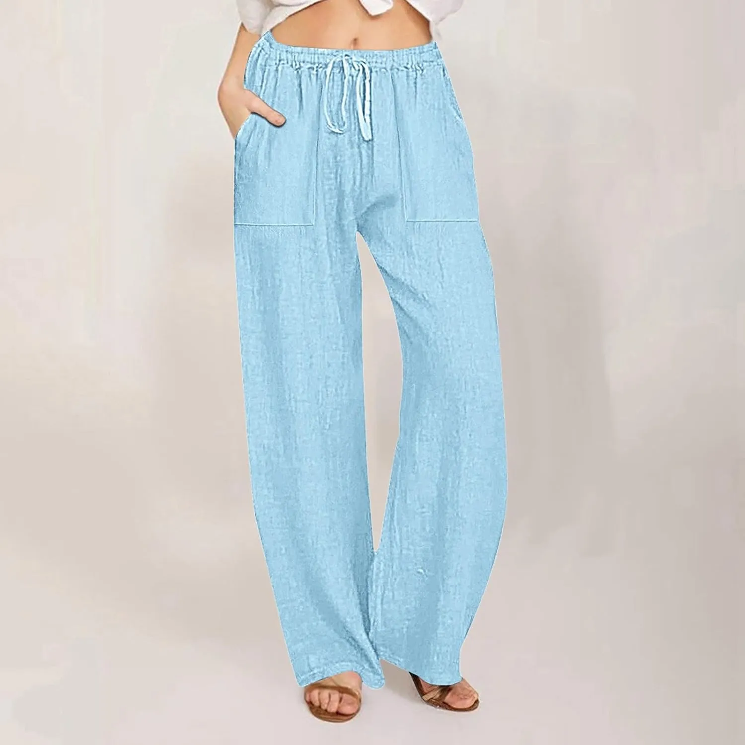 Wide Leg Linen Pants for Women Elastic Waist Summer Casual Solid Color Loose Fit Palazzo Trousers with Pockets