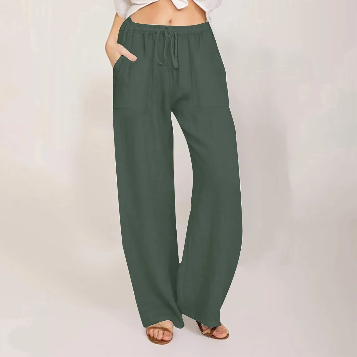 Wide Leg Linen Pants for Women Elastic Waist Summer Casual Solid Color Loose Fit Palazzo Trousers with Pockets