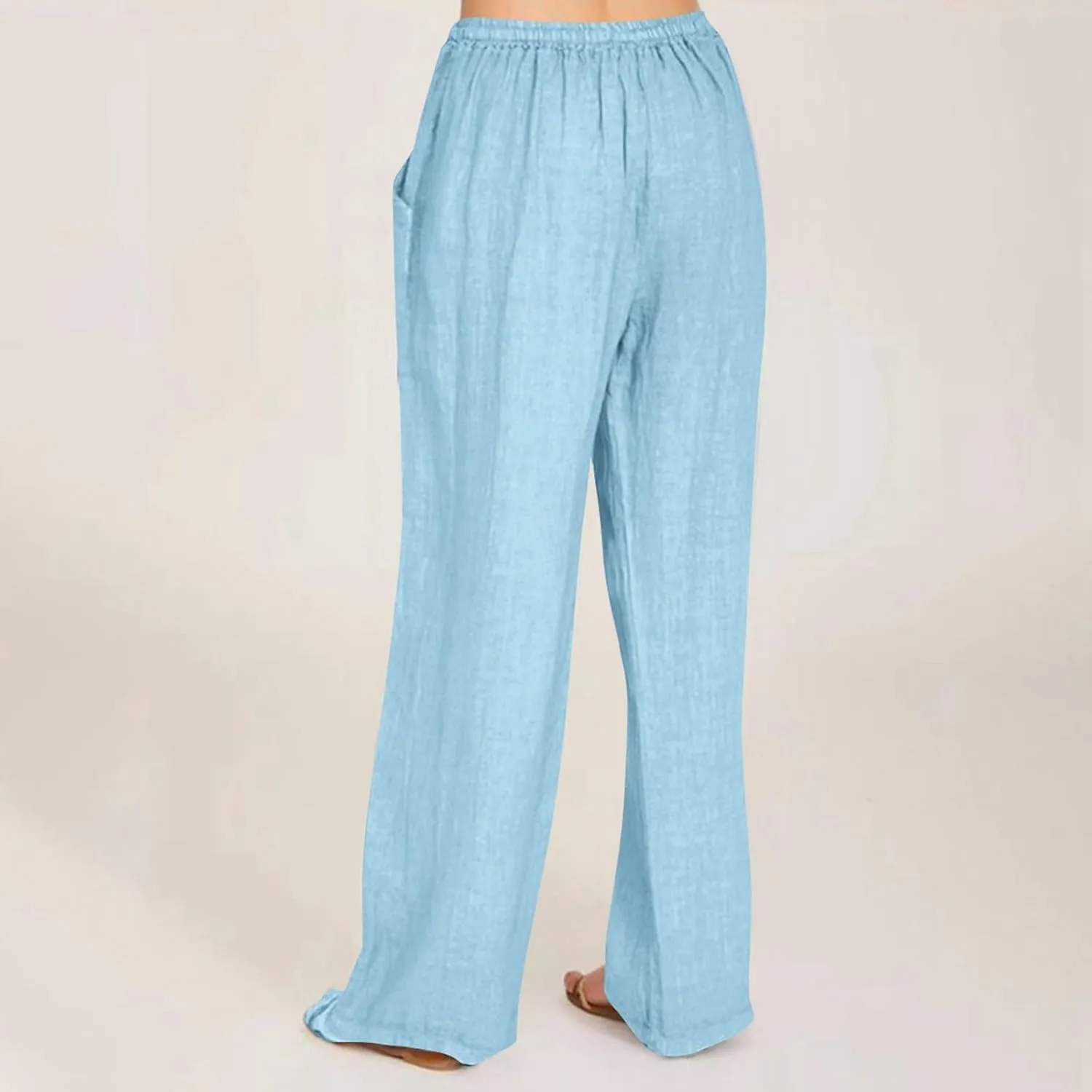 Wide Leg Linen Pants for Women Elastic Waist Summer Casual Solid Color Loose Fit Palazzo Trousers with Pockets