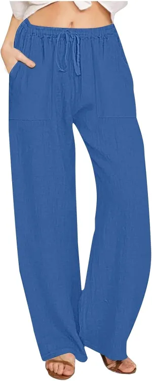Wide Leg Linen Pants for Women Elastic Waist Summer Casual Solid Color Loose Fit Palazzo Trousers with Pockets