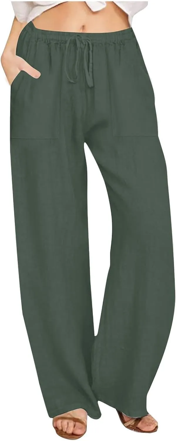 Wide Leg Linen Pants for Women Elastic Waist Summer Casual Solid Color Loose Fit Palazzo Trousers with Pockets