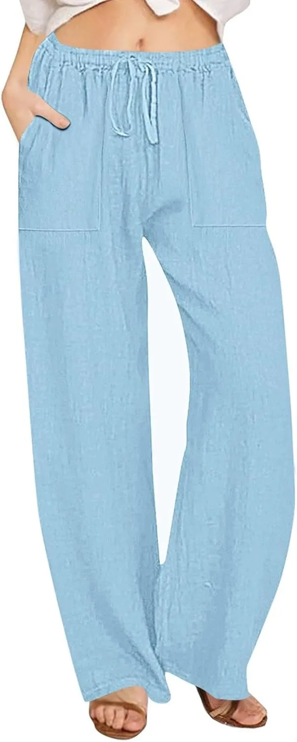 Wide Leg Linen Pants for Women Elastic Waist Summer Casual Solid Color Loose Fit Palazzo Trousers with Pockets