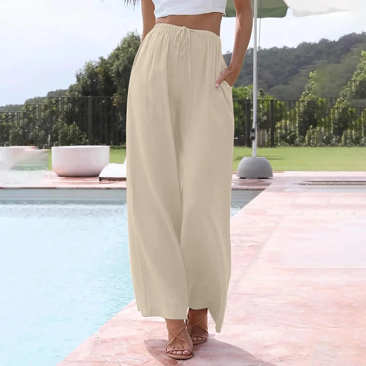Wide Leg Linen Pants for Women Long Lightweight Drawstring Elastic Waist Palazzo Pants Casual Loose Flowy Beach Pants