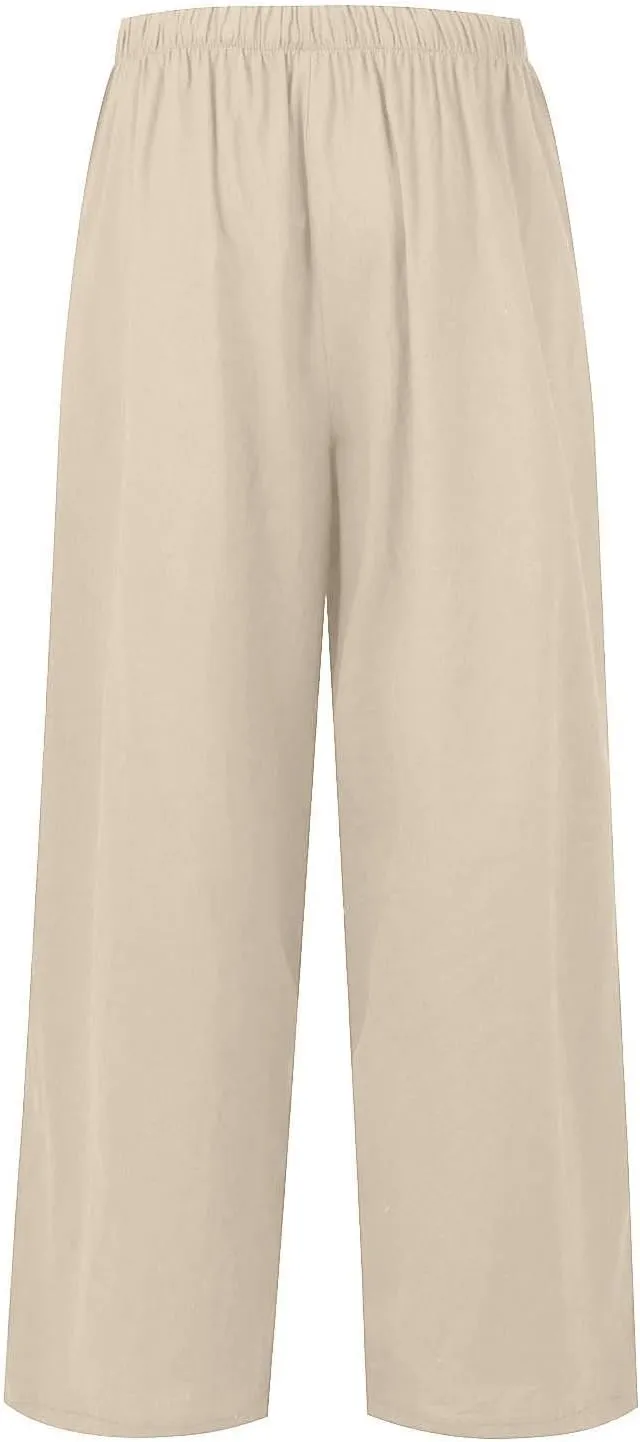 Wide Leg Linen Pants for Women Long Lightweight Drawstring Elastic Waist Palazzo Pants Casual Loose Flowy Beach Pants