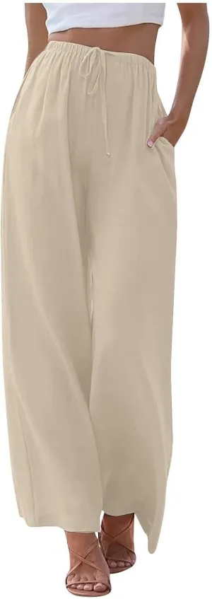 Wide Leg Linen Pants for Women Long Lightweight Drawstring Elastic Waist Palazzo Pants Casual Loose Flowy Beach Pants