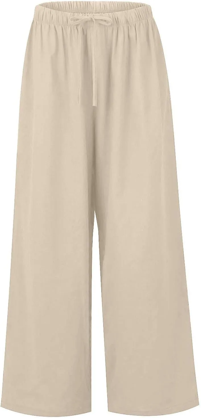 Wide Leg Linen Pants for Women Long Lightweight Drawstring Elastic Waist Palazzo Pants Casual Loose Flowy Beach Pants