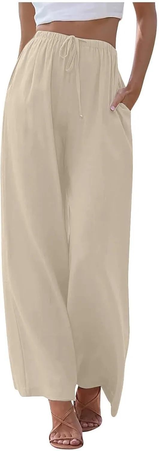 Wide Leg Linen Pants for Women Long Lightweight Drawstring Elastic Waist Palazzo Pants Casual Loose Flowy Beach Pants