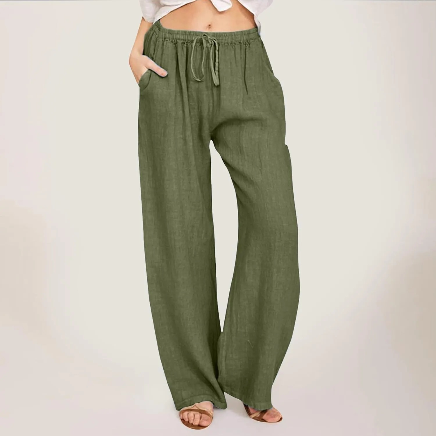 Wide Leg Linen Pants For Women Summer Boho High Elastic Waist Lounge Trouser Drawstring Casual Baggy Palazzo Pants