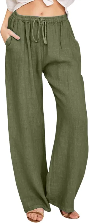 Wide Leg Linen Pants For Women Summer Boho High Elastic Waist Lounge Trouser Drawstring Casual Baggy Palazzo Pants