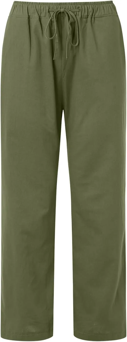 Wide Leg Linen Pants For Women Summer Boho High Elastic Waist Lounge Trouser Drawstring Casual Baggy Palazzo Pants