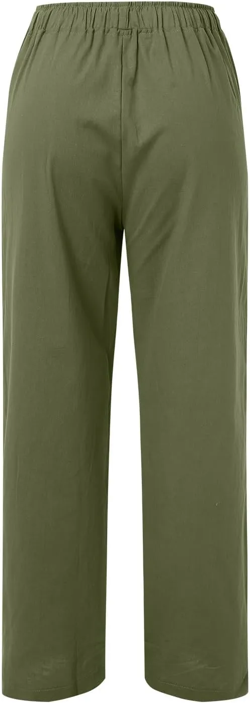 Wide Leg Linen Pants For Women Summer Boho High Elastic Waist Lounge Trouser Drawstring Casual Baggy Palazzo Pants