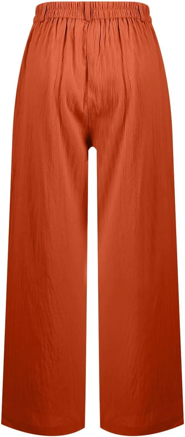Wide Leg Linen Pants Women Summer Button Elastic High Waisted Work Pants Business Casual Comfy Straight Trouser Pants