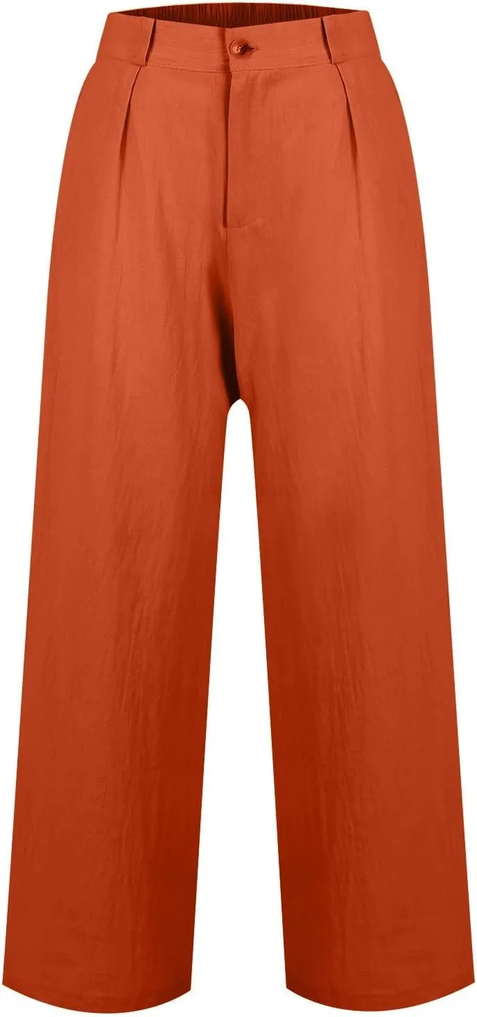 Wide Leg Linen Pants Women Summer Button Elastic High Waisted Work Pants Business Casual Comfy Straight Trouser Pants