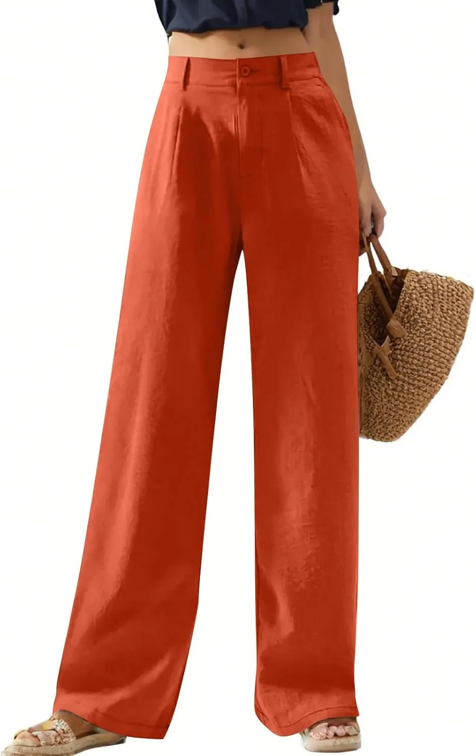 Wide Leg Linen Pants Women Summer Button Elastic High Waisted Work Pants Business Casual Comfy Straight Trouser Pants