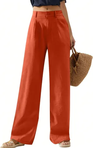 Wide Leg Linen Pants Women Summer Button Elastic High Waisted Work Pants Business Casual Comfy Straight Trouser Pants