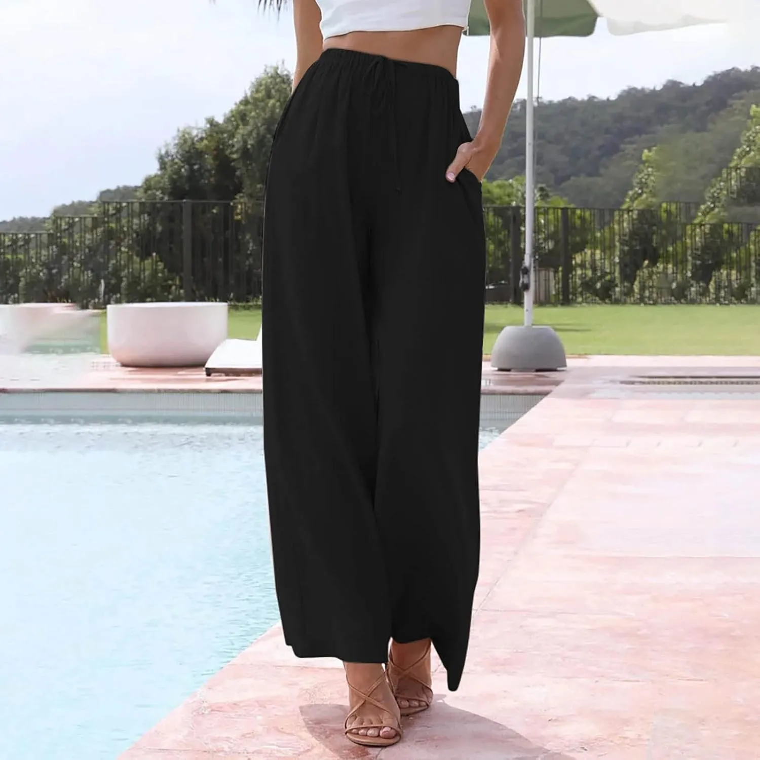 Wide Leg Linen Pants Women Summer Lightweight Elastic High Waisted Flowy Palazzo Pants Loose Fit Lounge Beach Pants