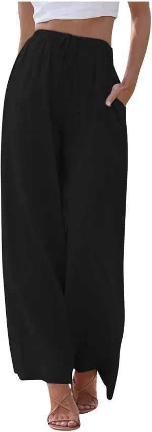 Wide Leg Linen Pants Women Summer Lightweight Elastic High Waisted Flowy Palazzo Pants Loose Fit Lounge Beach Pants