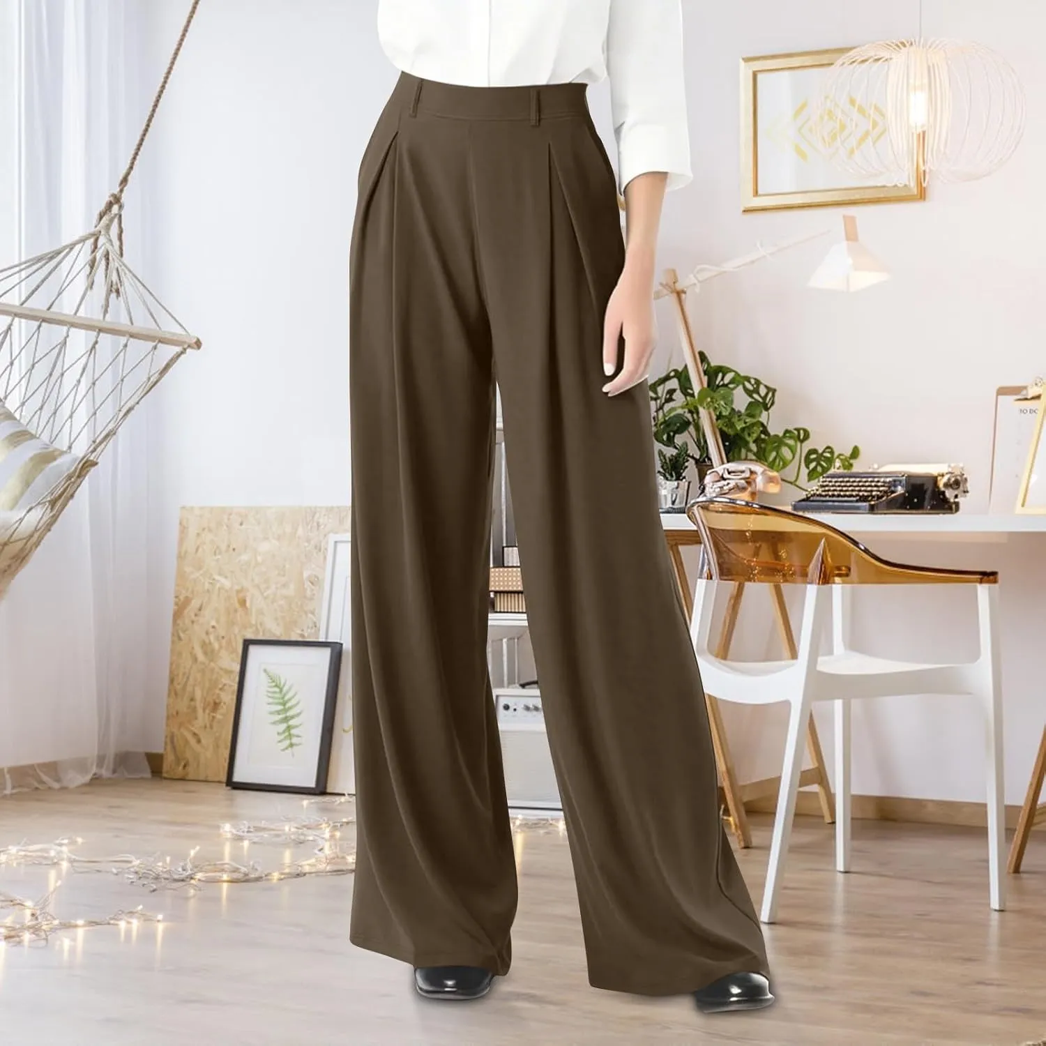 Wide Leg Pants for Women Business Palazzo Pants Lightweight High Waist Button Regular Long Trousers with Pockets