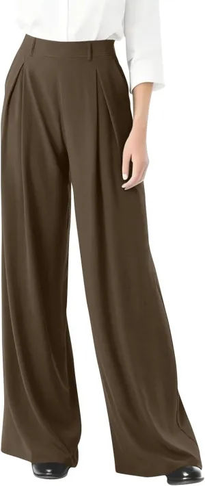 Wide Leg Pants for Women Business Palazzo Pants Lightweight High Waist Button Regular Long Trousers with Pockets