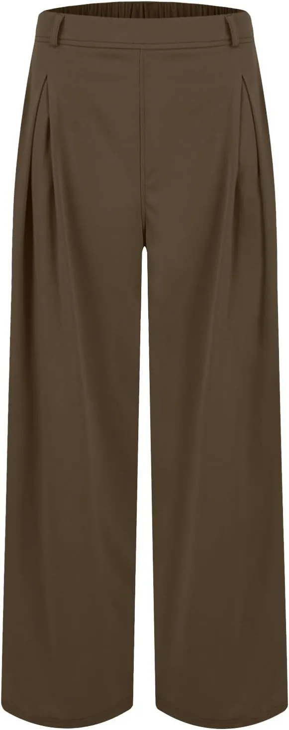 Wide Leg Pants for Women Business Palazzo Pants Lightweight High Waist Button Regular Long Trousers with Pockets