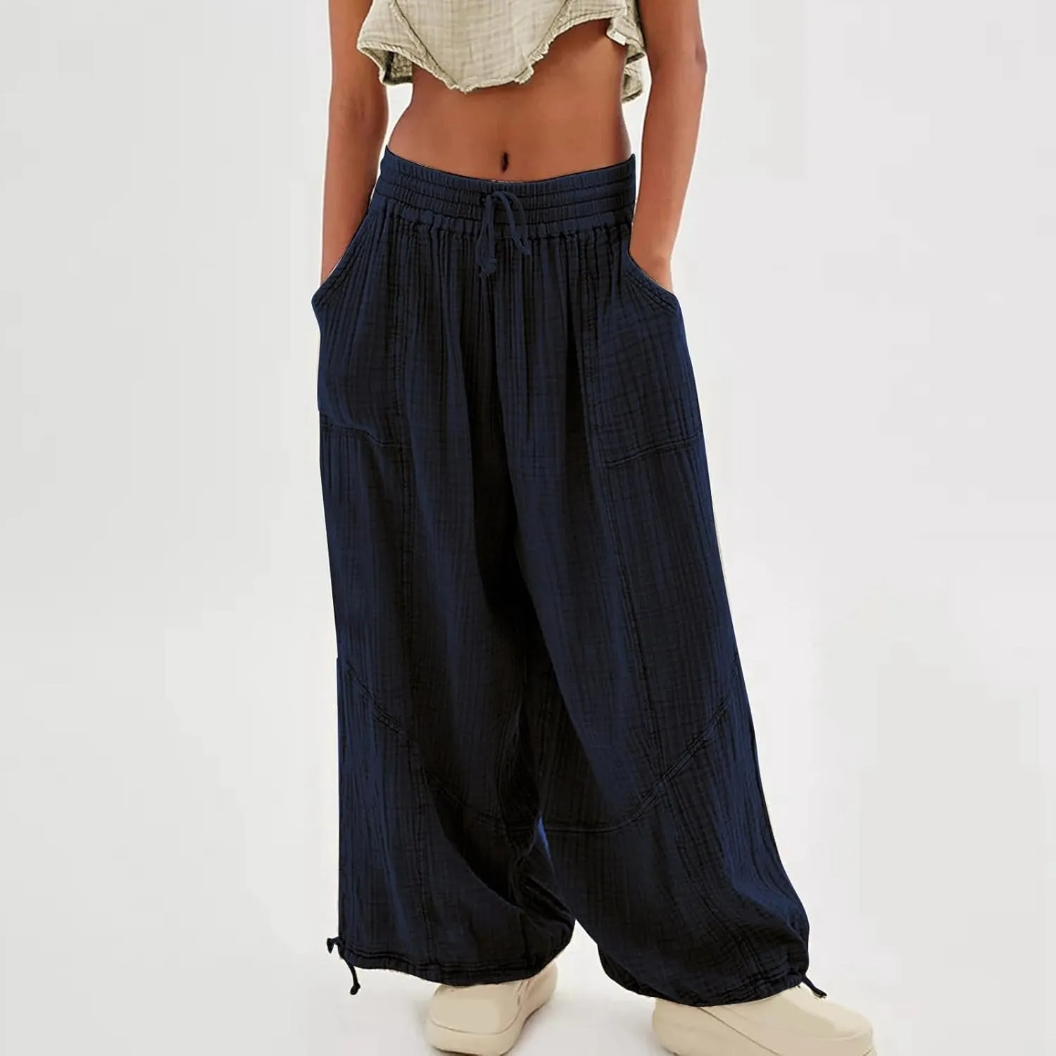 Wide Leg Pants for Women Casual Elastic High Waisted Drawstring Loose Pants Lightweight Travel Palazzo Trousers