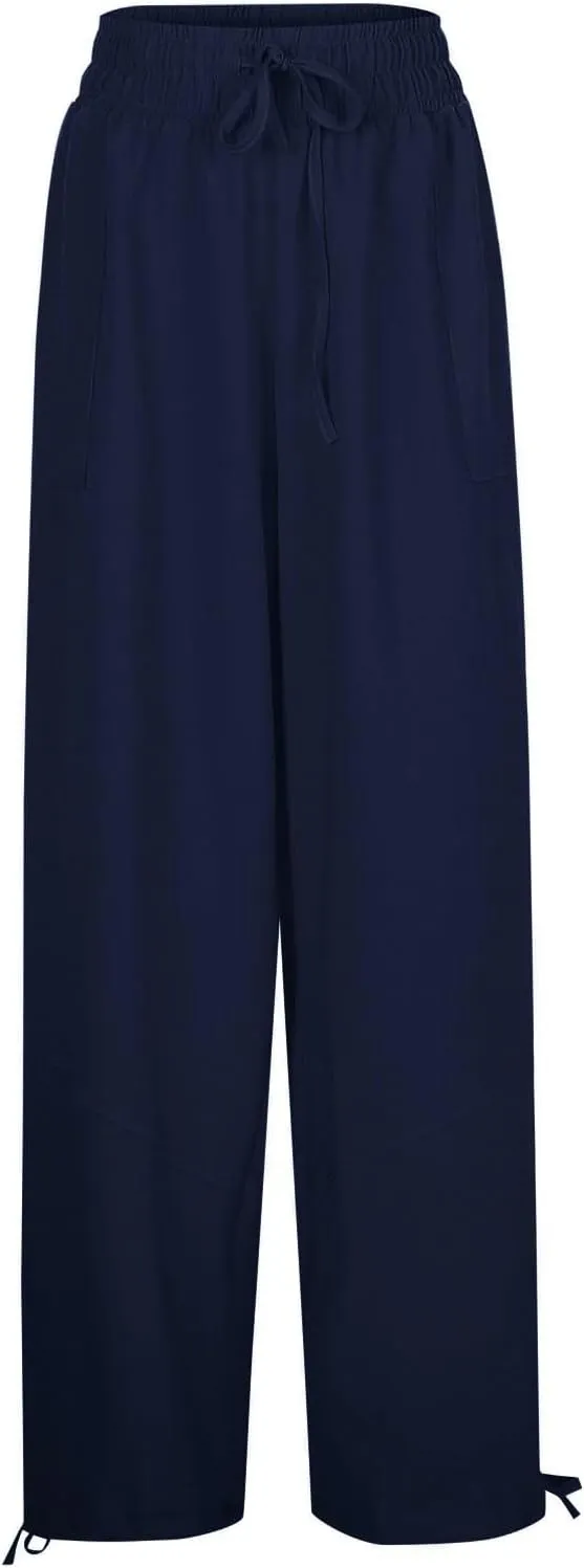 Wide Leg Pants for Women Casual Elastic High Waisted Drawstring Loose Pants Lightweight Travel Palazzo Trousers
