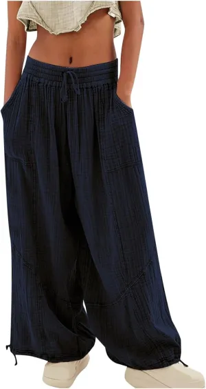 Wide Leg Pants for Women Casual Elastic High Waisted Drawstring Loose Pants Lightweight Travel Palazzo Trousers