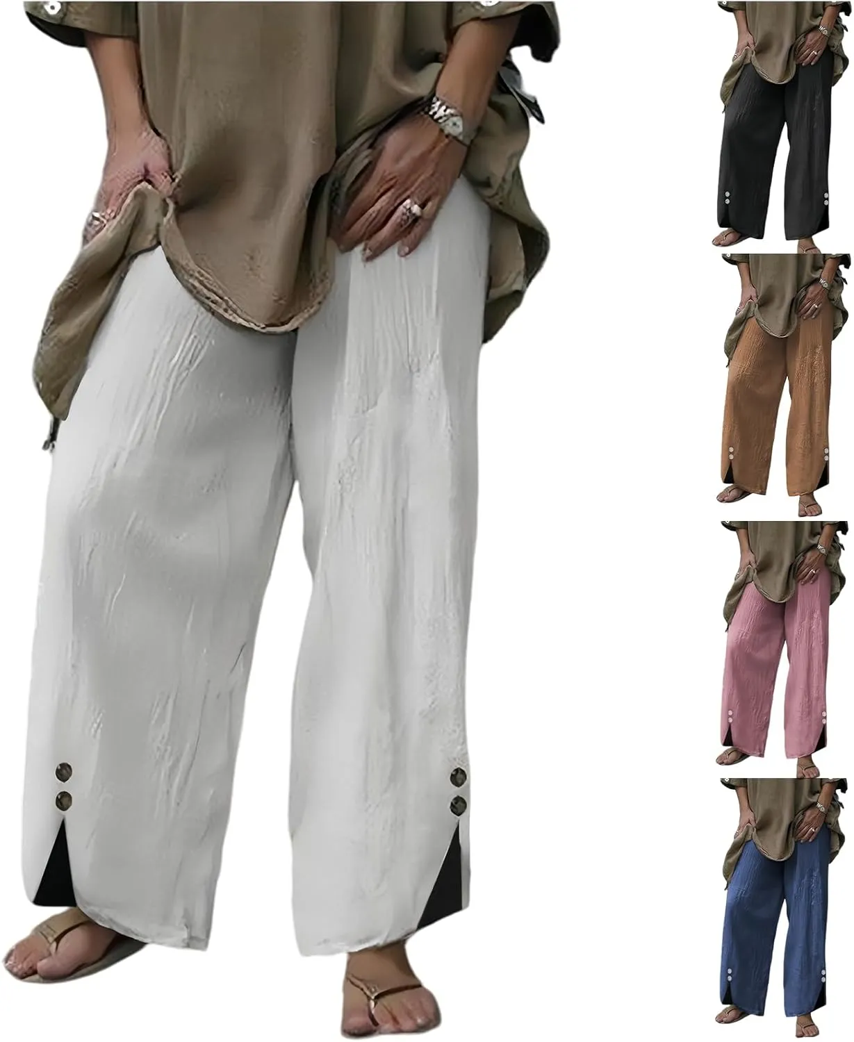 Womans Linen Pants Summer Baggy Button Wide Leg Palazzo Pants Casual High Waisted Trouser Beach Vacation Pant