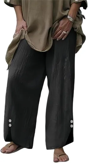Womans Linen Pants Summer Baggy Button Wide Leg Palazzo Pants Casual High Waisted Trouser Beach Vacation Pant