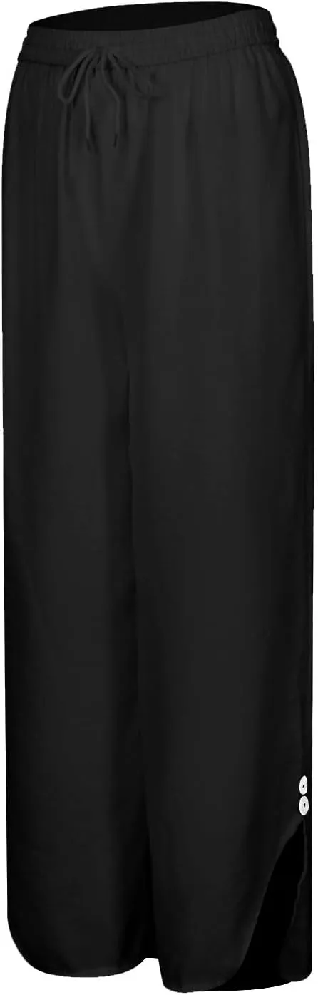 Womans Linen Pants Summer Baggy Button Wide Leg Palazzo Pants Casual High Waisted Trouser Beach Vacation Pant