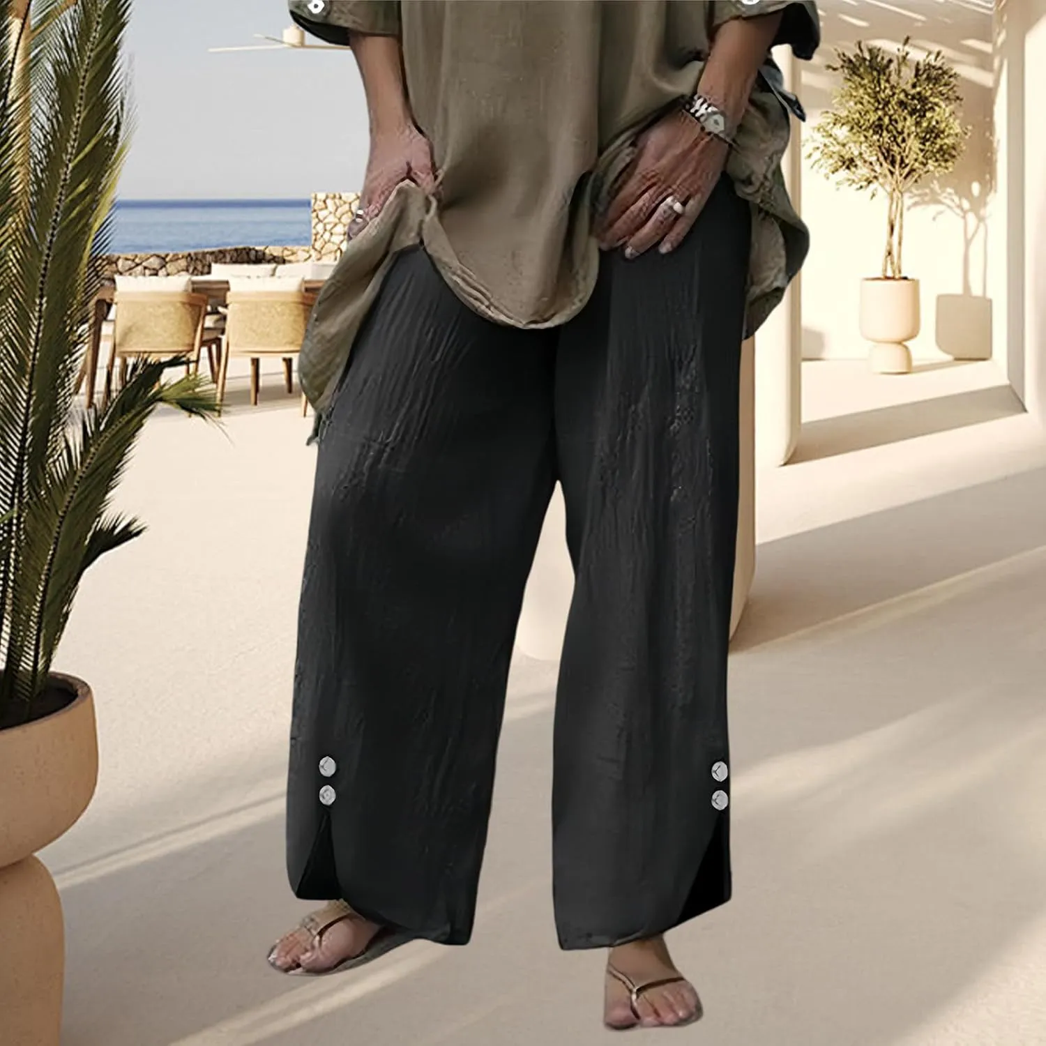 Womans Linen Pants Summer Baggy Button Wide Leg Palazzo Pants Casual High Waisted Trouser Beach Vacation Pant