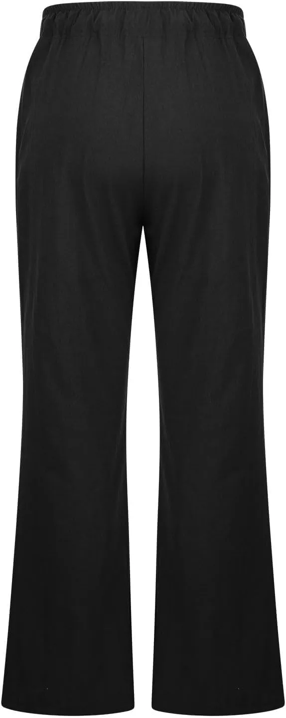 Women Cotton Linen Drawstring Wide Leg Pants Straight Elastic High Waisted Pants Summer Loose Lounge Outdoor Trousers