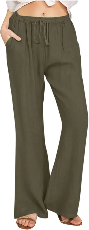 Women Cotton Linen Drawstring Wide Leg Pants Straight Elastic High Waisted Pants Summer Loose Lounge Outdoor Trousers