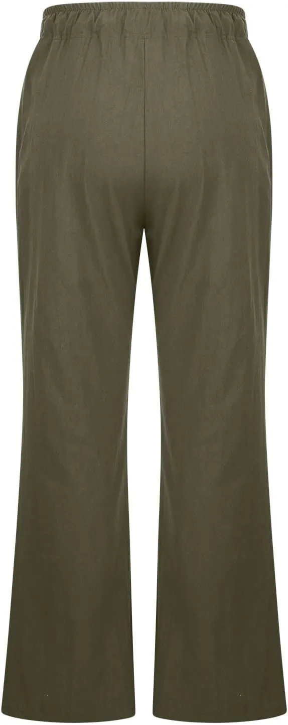 Women Cotton Linen Drawstring Wide Leg Pants Straight Elastic High Waisted Pants Summer Loose Lounge Outdoor Trousers