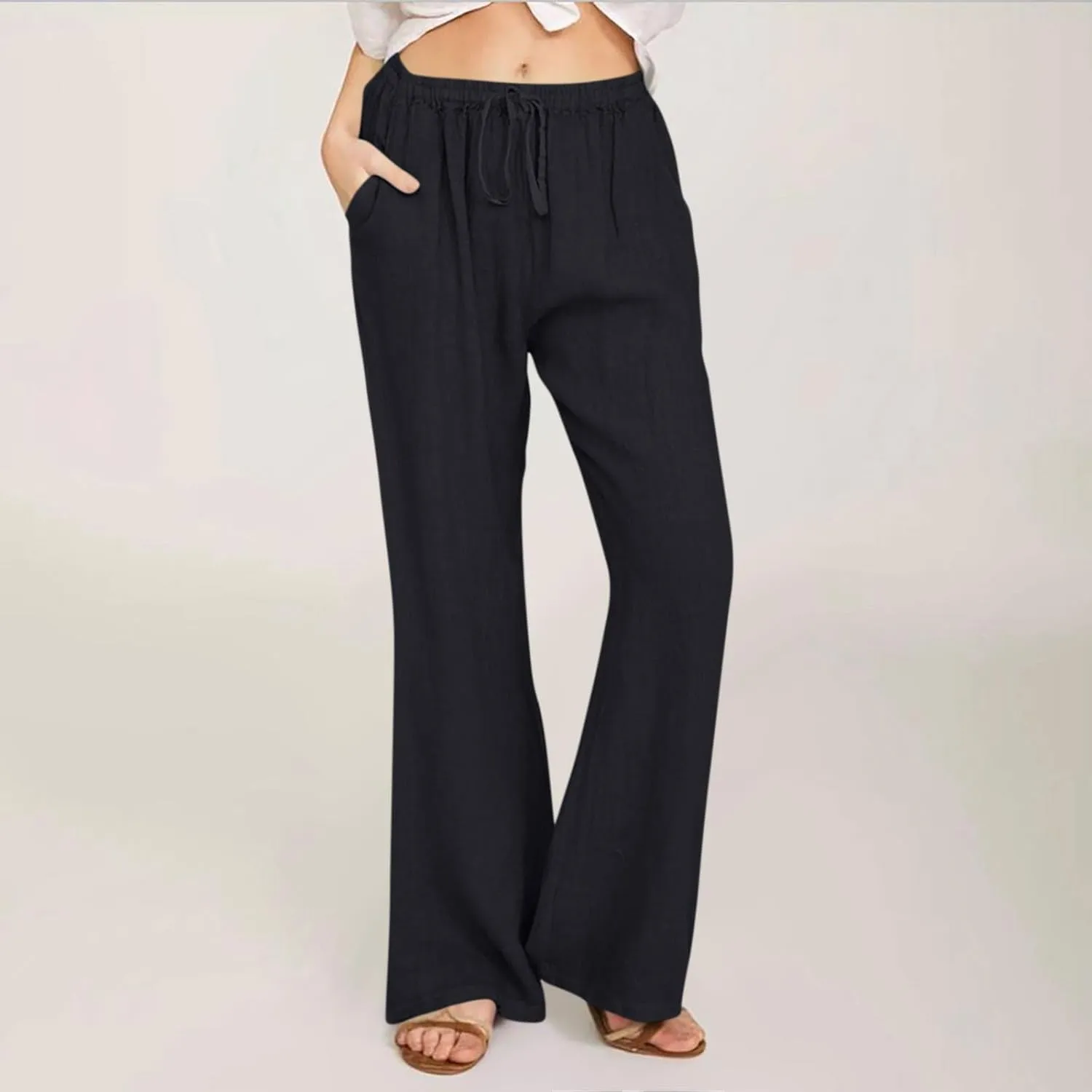 Women Cotton Linen Drawstring Wide Leg Pants Straight Elastic High Waisted Pants Summer Loose Lounge Outdoor Trousers