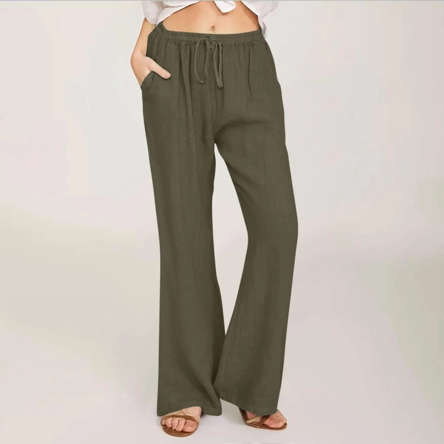 Women Cotton Linen Drawstring Wide Leg Pants Straight Elastic High Waisted Pants Summer Loose Lounge Outdoor Trousers