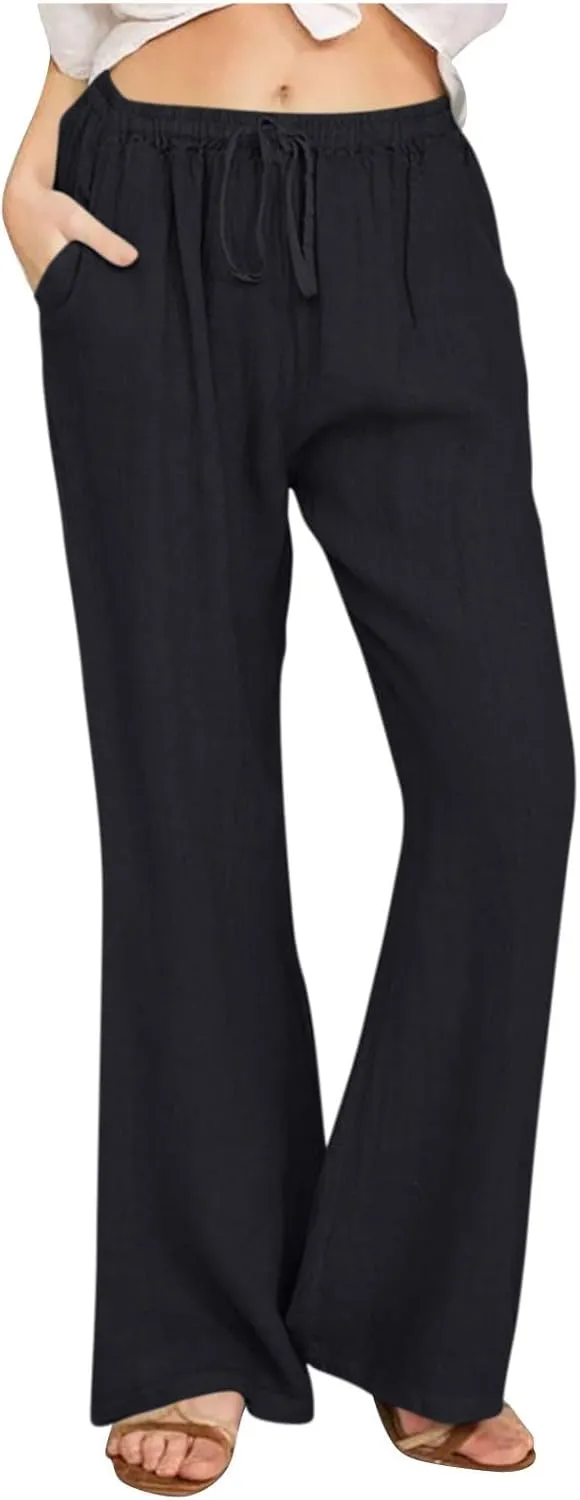 Women Cotton Linen Drawstring Wide Leg Pants Straight Elastic High Waisted Pants Summer Loose Lounge Outdoor Trousers