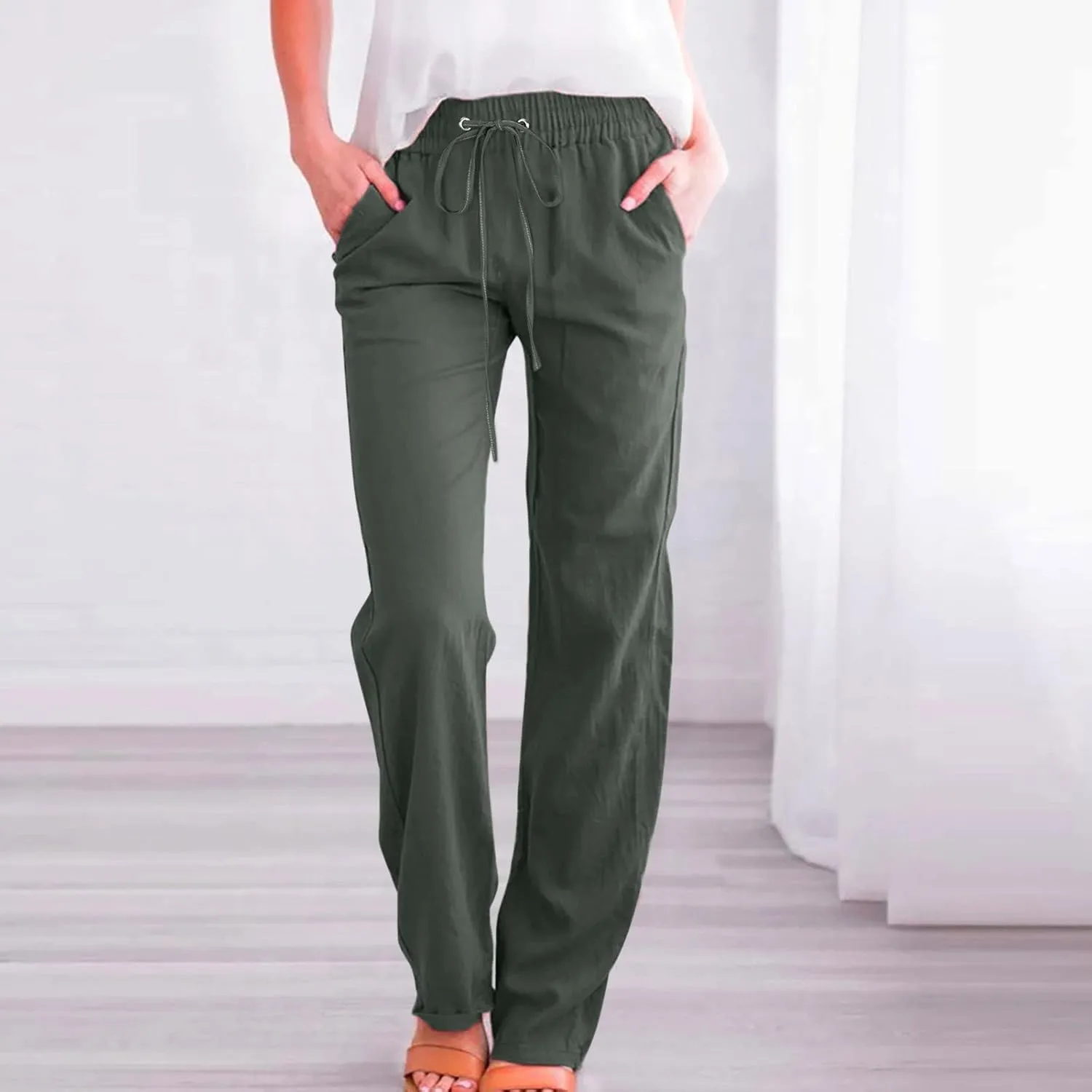 Women Cotton Linen Pants Straight Leg High Waisted Drawstring Pants Summer Casual Lightweight Trousers Beach Pants