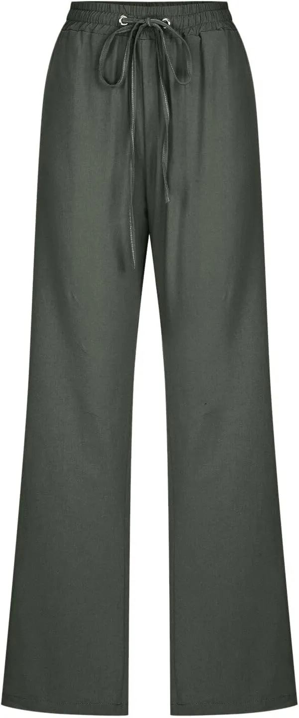 Women Cotton Linen Pants Straight Leg High Waisted Drawstring Pants Summer Casual Lightweight Trousers Beach Pants