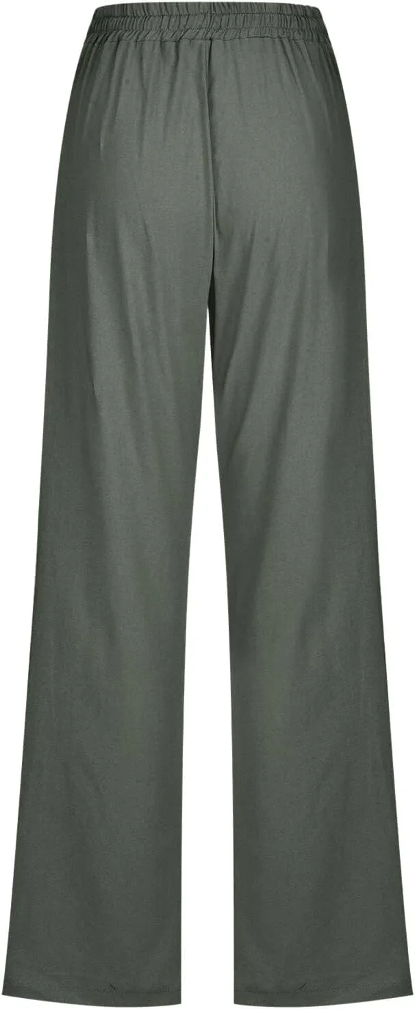 Women Cotton Linen Pants Straight Leg High Waisted Drawstring Pants Summer Casual Lightweight Trousers Beach Pants