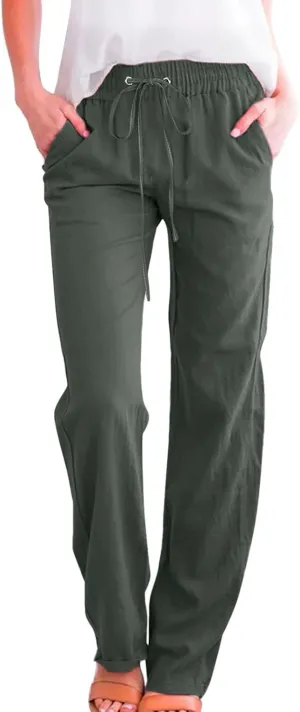 Women Cotton Linen Pants Straight Leg High Waisted Drawstring Pants Summer Casual Lightweight Trousers Beach Pants