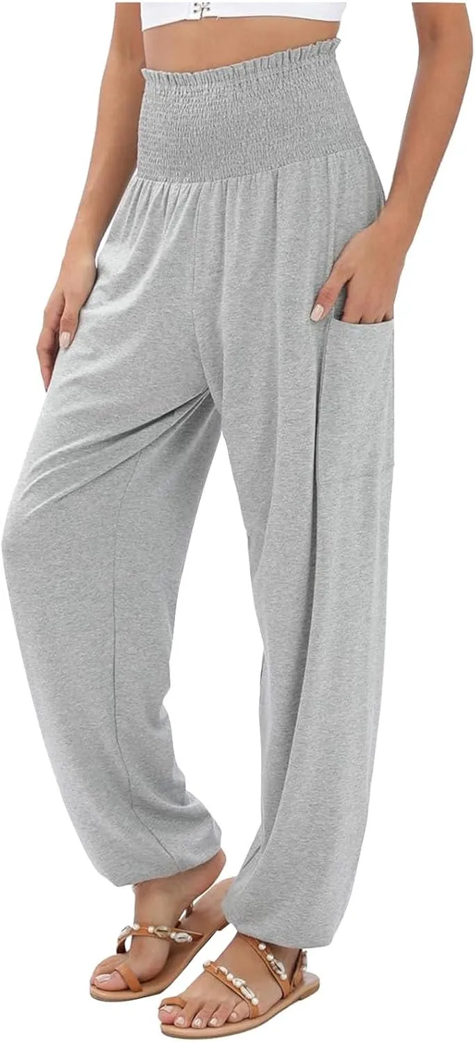 Women Cotton Linen Summer Tie Knot Palazzo Pants Elastic Waist Lounge Pants Plus Size Pants Office