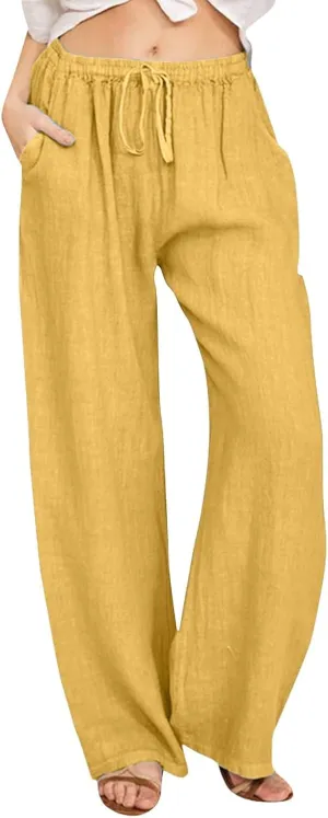 Women Linen Blend Summer Baggy Pants Low Waist Long Lounge Plus Size Pant Trousers Trendy