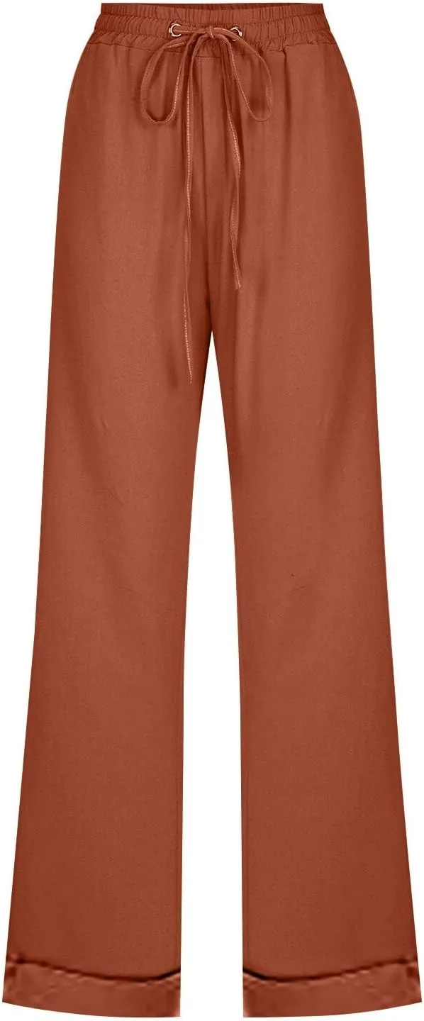 Women Linen Blend Summer Tie Knot Pant Trousers Elastic Waisted Lounge Pants Slim Fit Palazzo Pants Work Business