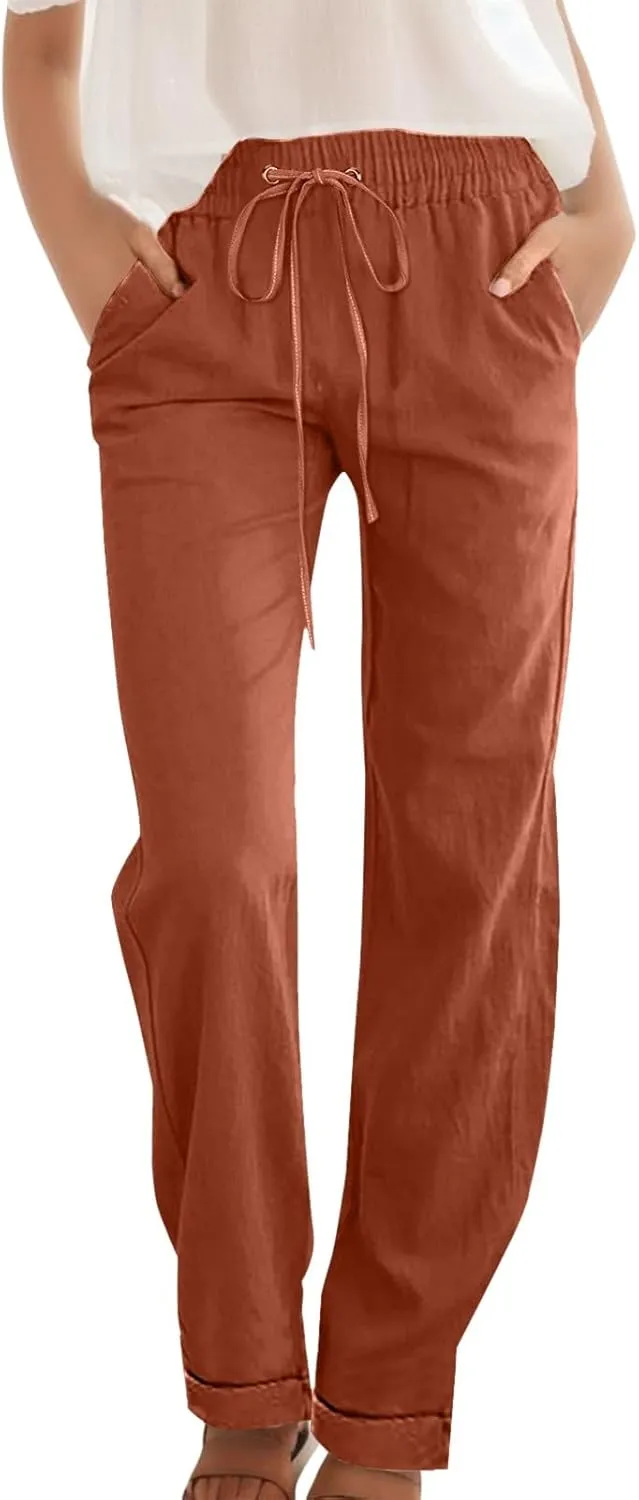 Women Linen Blend Summer Tie Knot Pant Trousers Elastic Waisted Lounge Pants Slim Fit Palazzo Pants Work Business