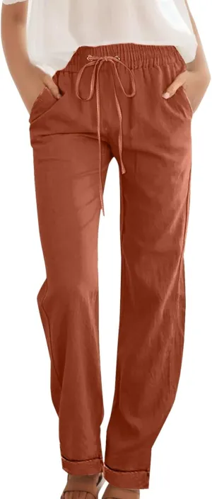 Women Linen Blend Summer Tie Knot Pant Trousers Elastic Waisted Lounge Pants Slim Fit Palazzo Pants Work Business